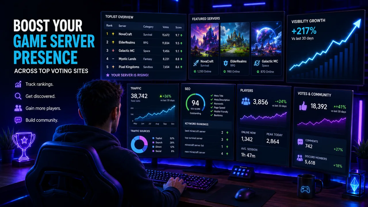 RuneScape private server visibility dashboard showing toplist rankings, votes, player growth, and community activity