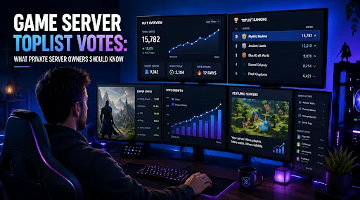 Game server toplist vote performance dashboard with rankings and traffic analytics