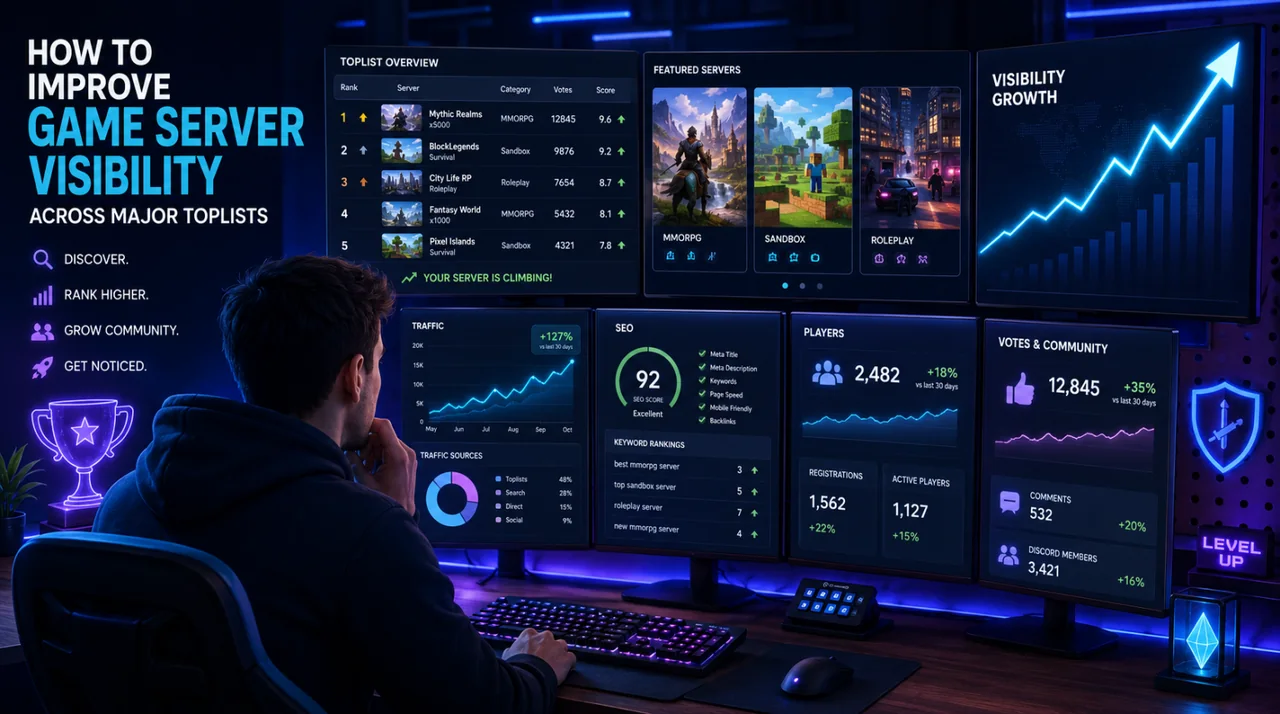 Private game server visibility dashboard tracking toplist position, traffic, and player growth