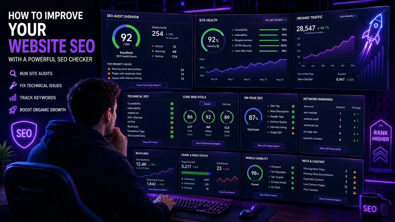 Detailed SEO checkup scorecard displaying scoring analytics and prioritized action items
